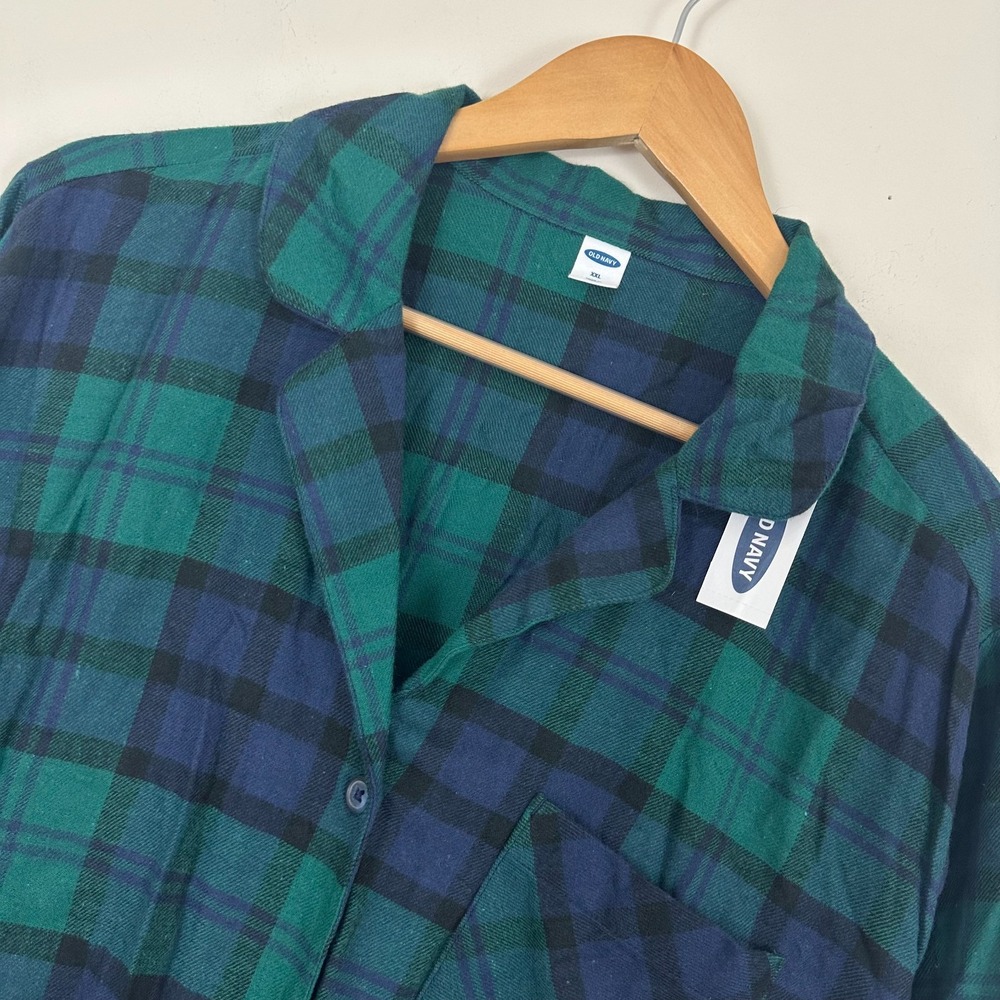 Old Navy Sleep Flannel Pajama Set Green Blue Black Watch Plaid Cotton Womens 2XL